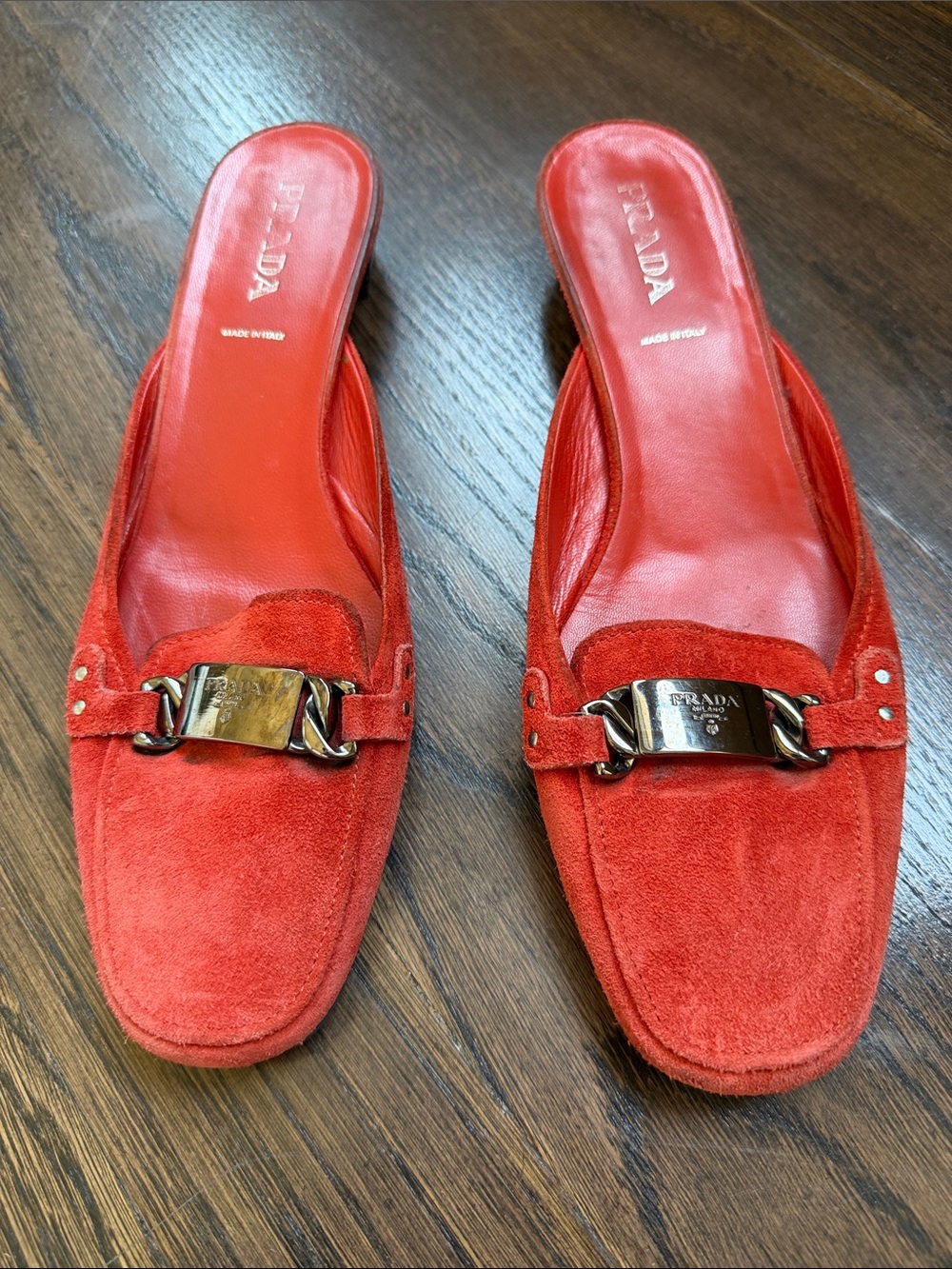 PRADA Vintage Y2K Orange Suede Slip-On Mules with Silver-Tone Hardware Size 39 9